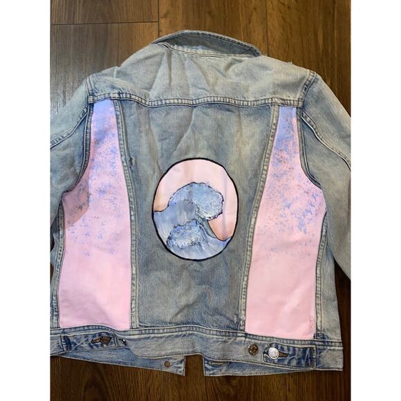 J.Crew Indigo Denim Jacket Size M Hand-Painted Custom Back Distressed Light Wash - Picture 3 of 8